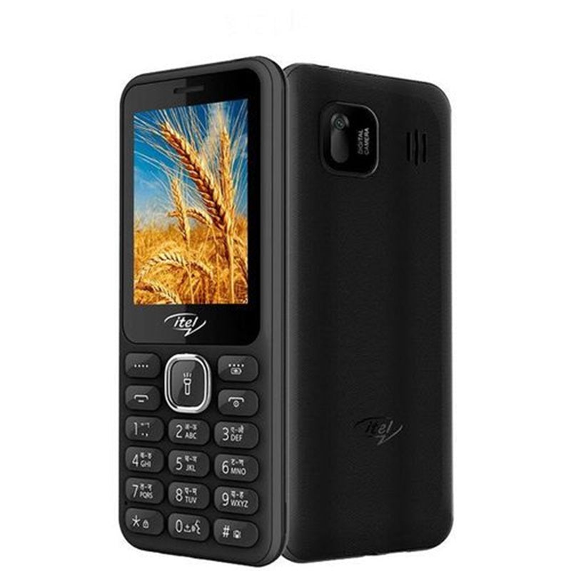 itel 5027 mobile phone featuring a 2.4-inch display, dual SIM slots, and a 1200mAh battery, in black color.